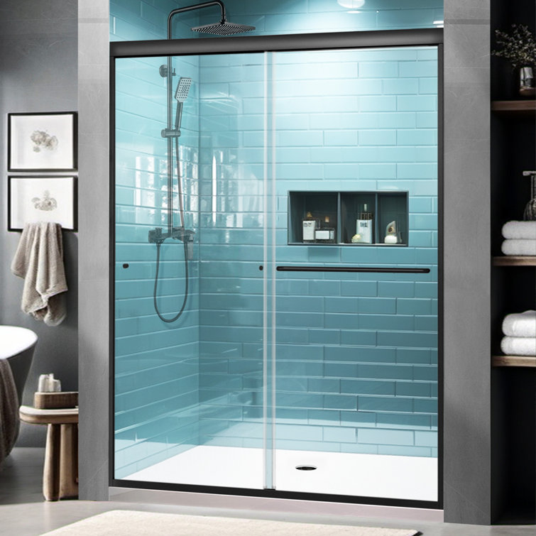 Matte Black Semi-Frameless Sliding Shower Door with Clear Glass