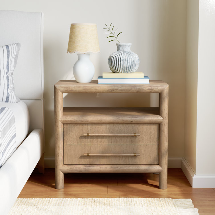 Natural Acacia Wood 2-Drawer Nightstand with Open Shelf