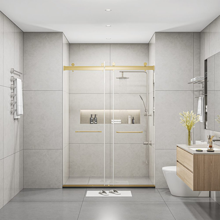 60" x 76" Frameless Brushed Gold Sliding Glass Shower Doors