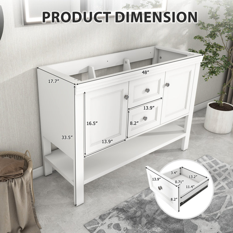 White Freestanding Double Sink Bathroom Vanity Base with Shelves and Drawers