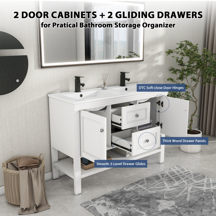 White Freestanding Double Sink Bathroom Vanity Base with Shelves and Drawers