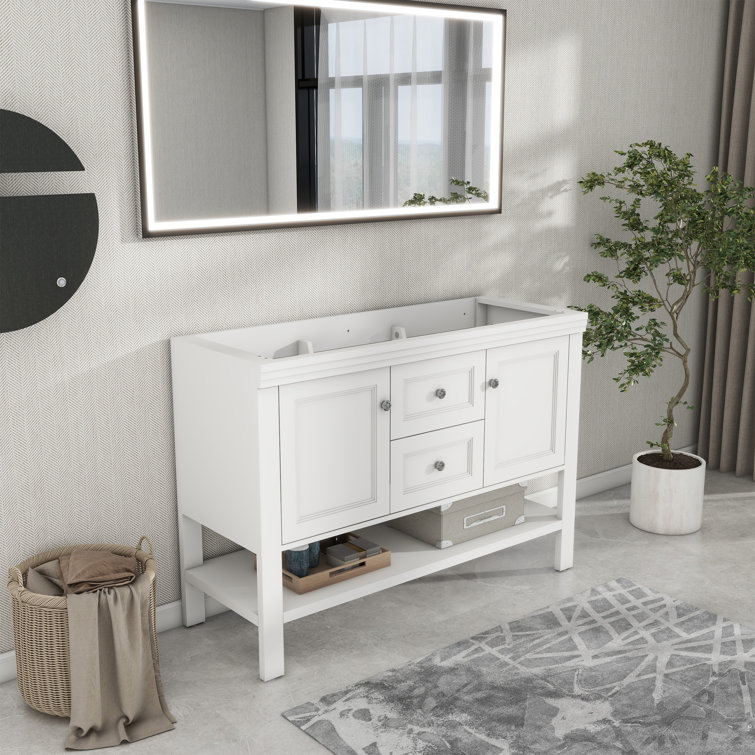 White Freestanding Double Sink Bathroom Vanity Base with Shelves and Drawers
