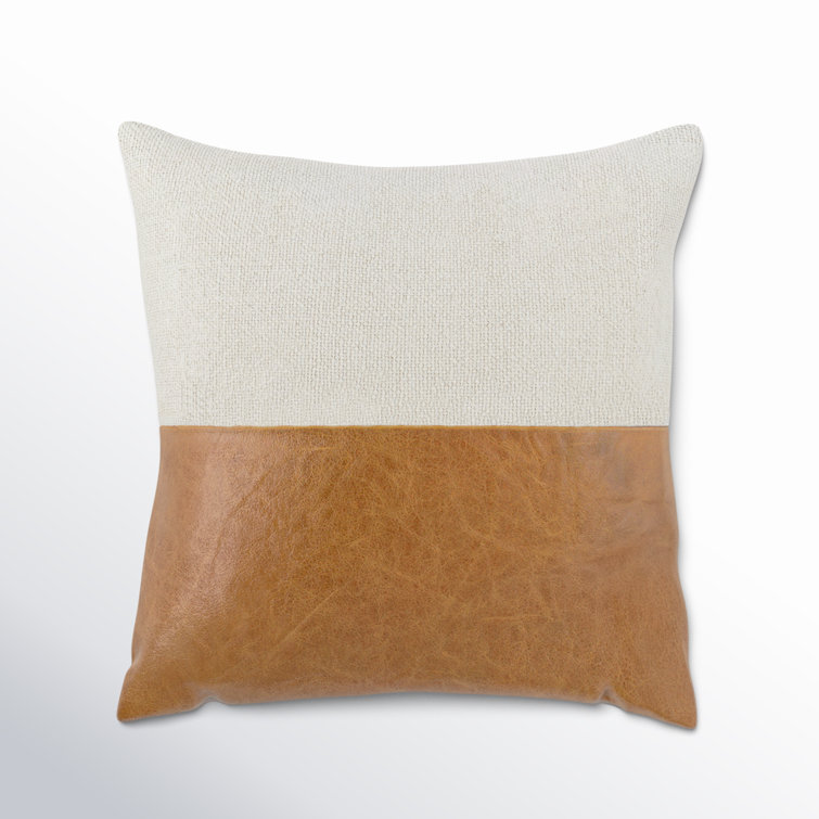 Chestnut and Ivory Leather Linen Square Throw Pillow