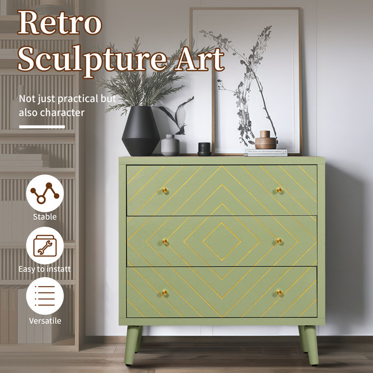 Green and Gold Geometric Pattern 3-Drawer Dresser