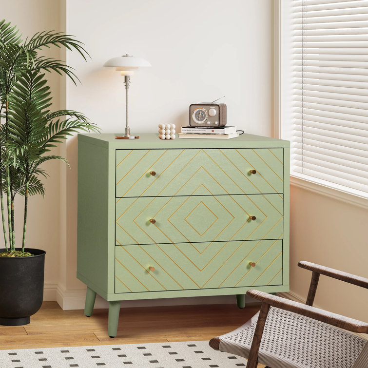 Green and Gold Geometric Pattern 3-Drawer Dresser