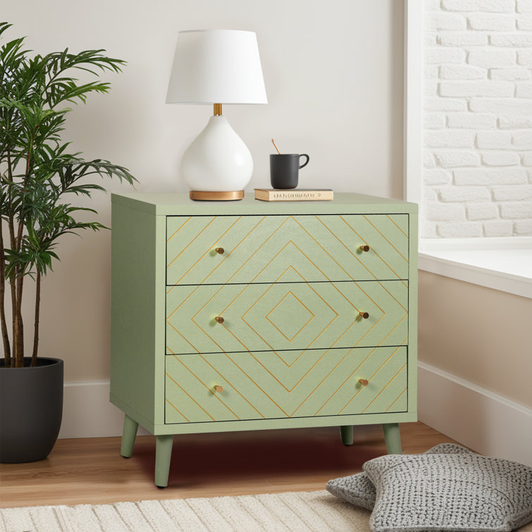 Green and Gold Geometric Pattern 3-Drawer Dresser