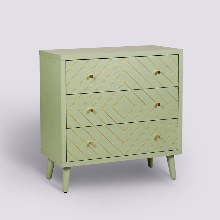 Green and Gold Geometric Pattern 3-Drawer Dresser