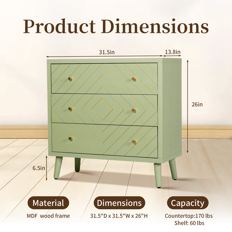 Green and Gold Geometric Pattern 3-Drawer Dresser