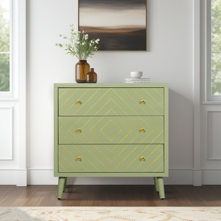 Green and Gold Geometric Pattern 3-Drawer Dresser