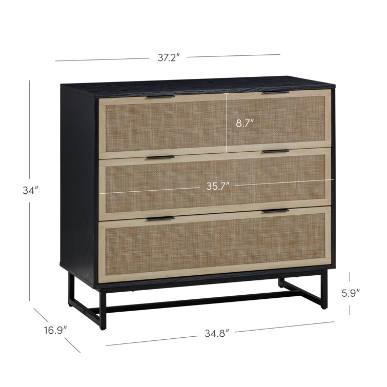 Black Wood and Rattan 3-Drawer Dresser with Metal Legs