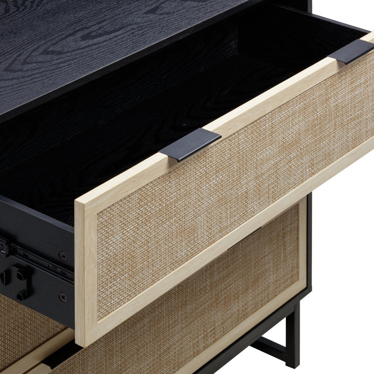 Black Wood and Rattan 3-Drawer Dresser with Metal Legs