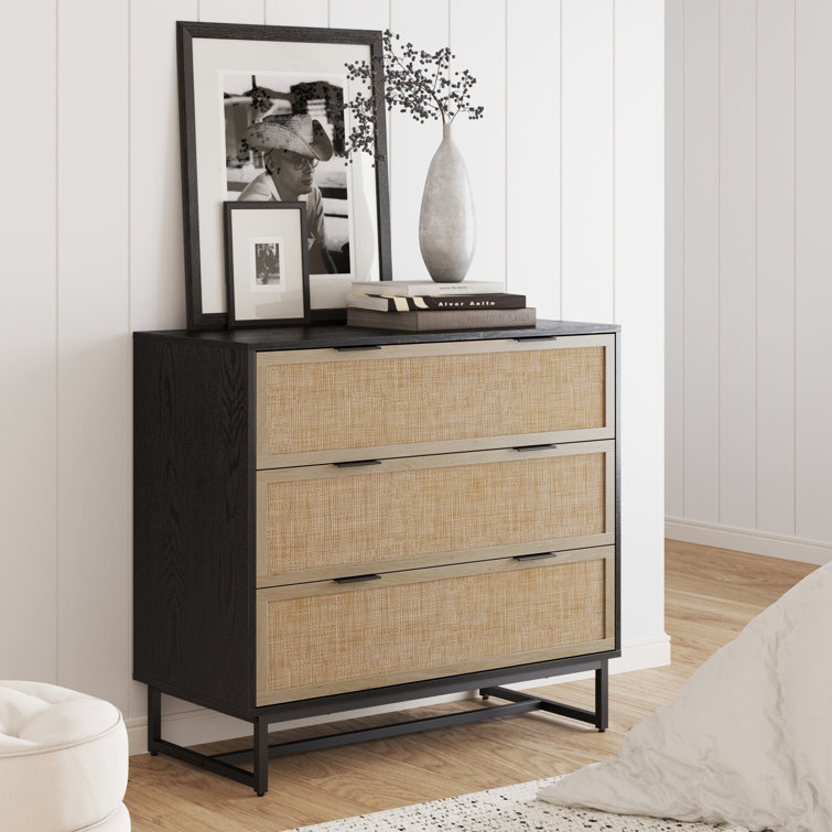 Black Wood and Rattan 3-Drawer Dresser with Metal Legs