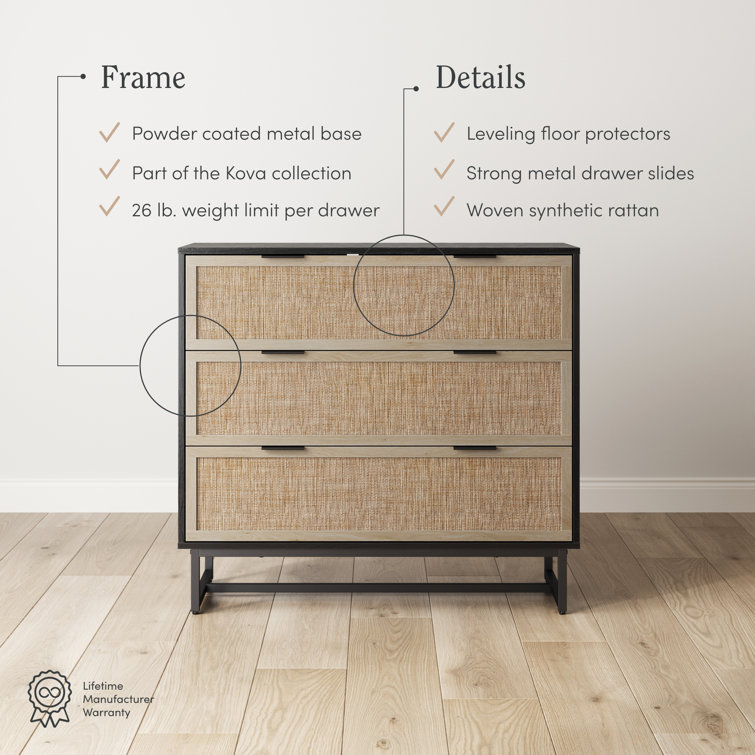 Black Wood and Rattan 3-Drawer Dresser with Metal Legs