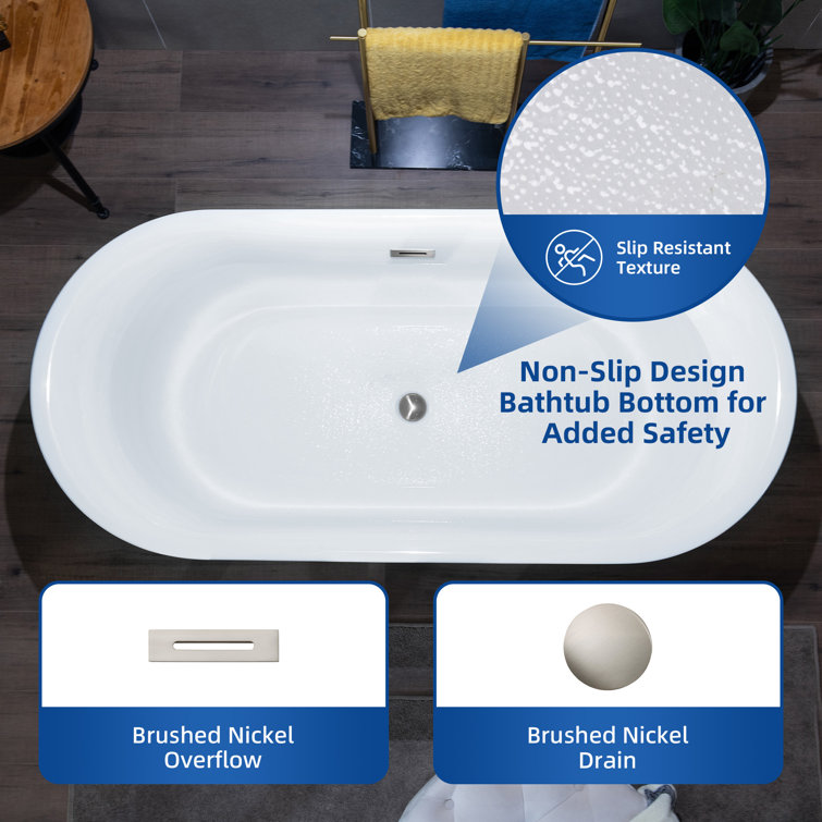 White Acrylic Freestanding Oval Soaking Bathtub with Brushed Nickel Drain