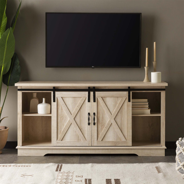 70" Gray Wash Sliding Barn Door TV Stand with Cabinet
