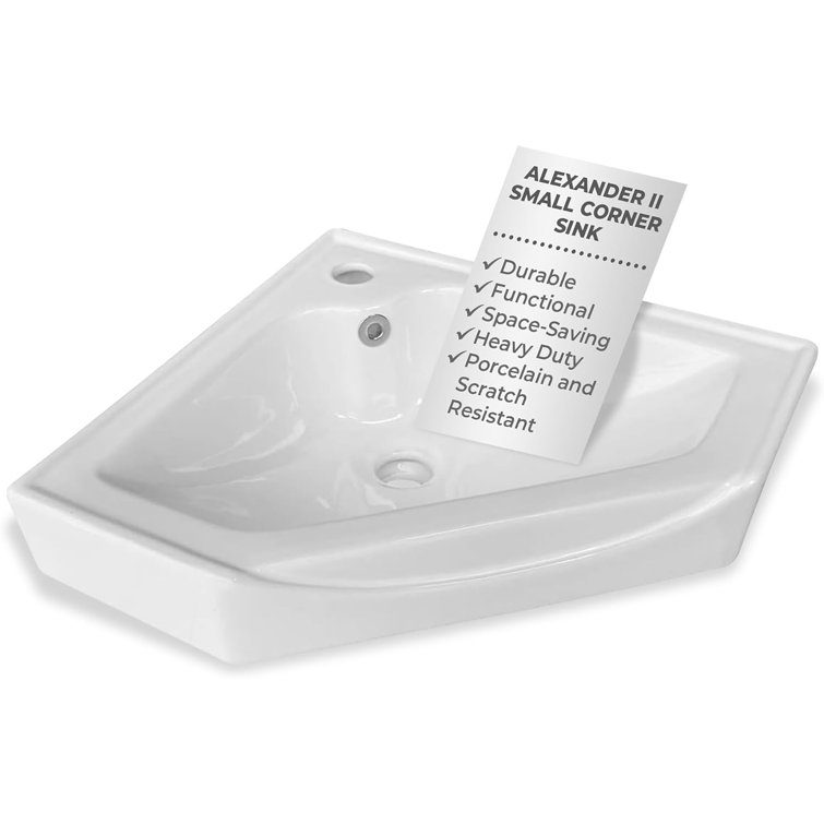 Alexander II White Ceramic Corner Wall-Mount Bathroom Sink with Overflow