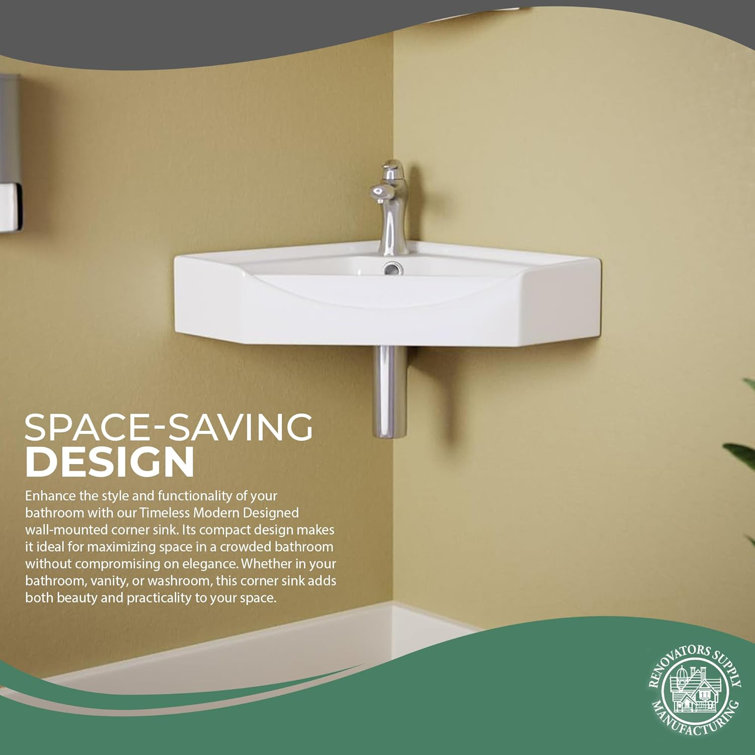 Alexander II White Ceramic Corner Wall-Mount Bathroom Sink with Overflow