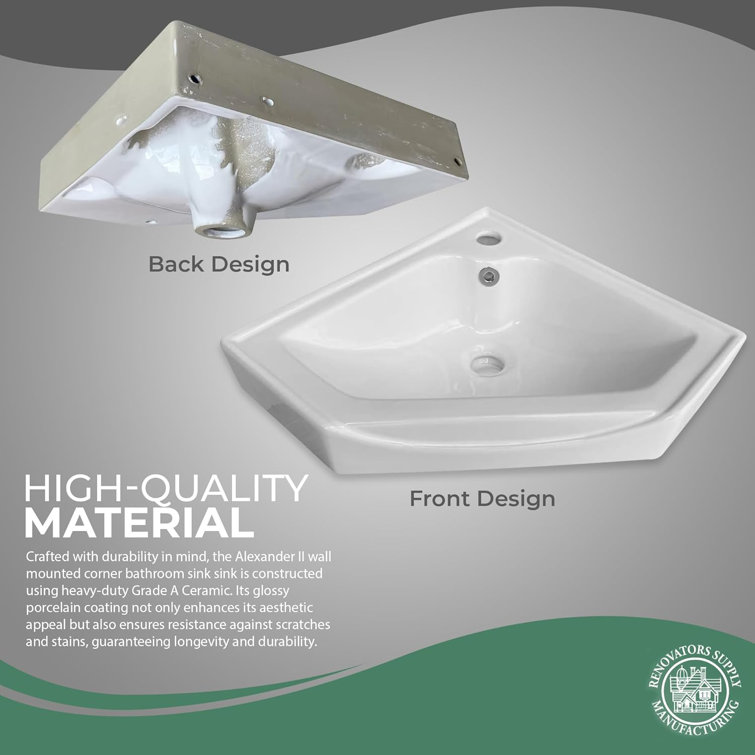 Alexander II White Ceramic Corner Wall-Mount Bathroom Sink with Overflow
