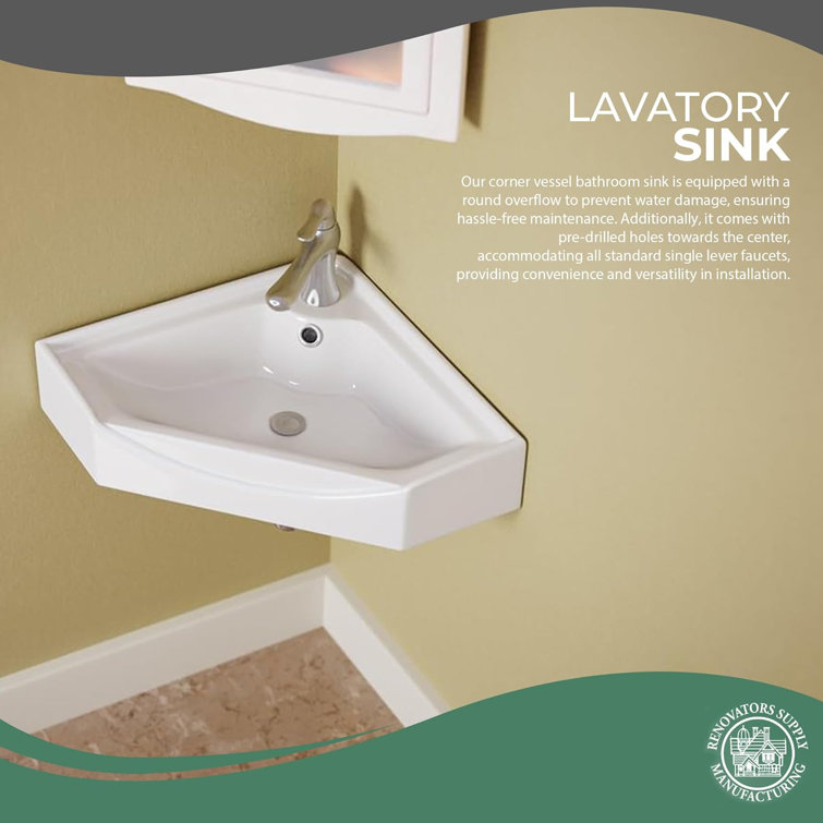 Alexander II White Ceramic Corner Wall-Mount Bathroom Sink with Overflow