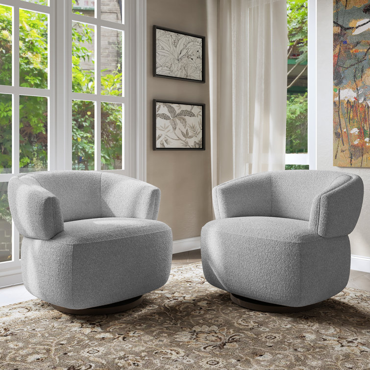 Gray Polyester Barrel Swivel Accent Chair with Metal Base