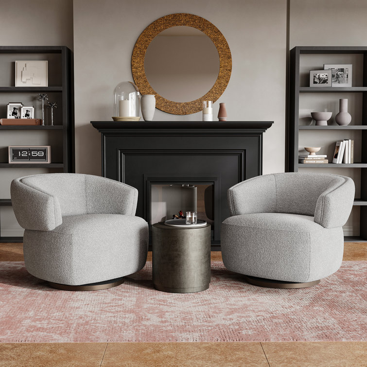 Gray Polyester Barrel Swivel Accent Chair with Metal Base
