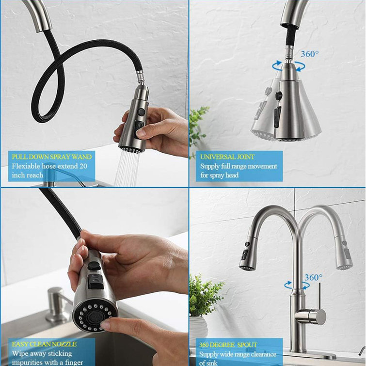 Brushed Nickel Stainless Steel High Arc Kitchen Faucet with Pull-out Spray