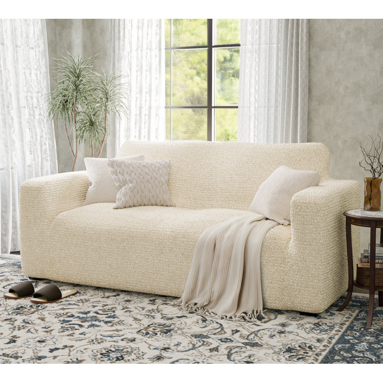 Cream Polyester Stretch Loveseat Slipcover - Mille Righe Collection