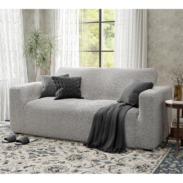 Platinum Gray Stretch Loveseat Sofa Slipcover with Tuck Strips