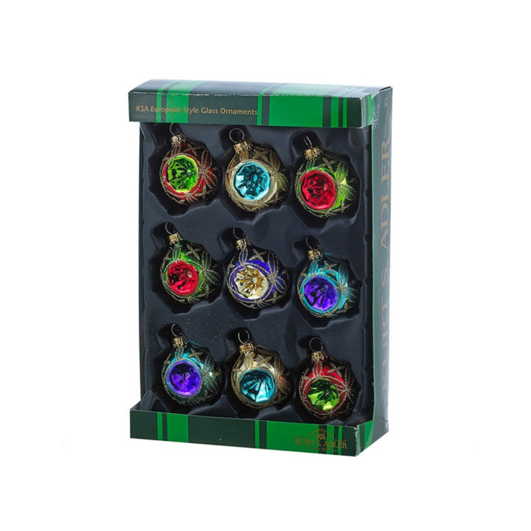 Kurt Adler Multicolored Glass Reflector Christmas Ornaments Set, 9-Piece