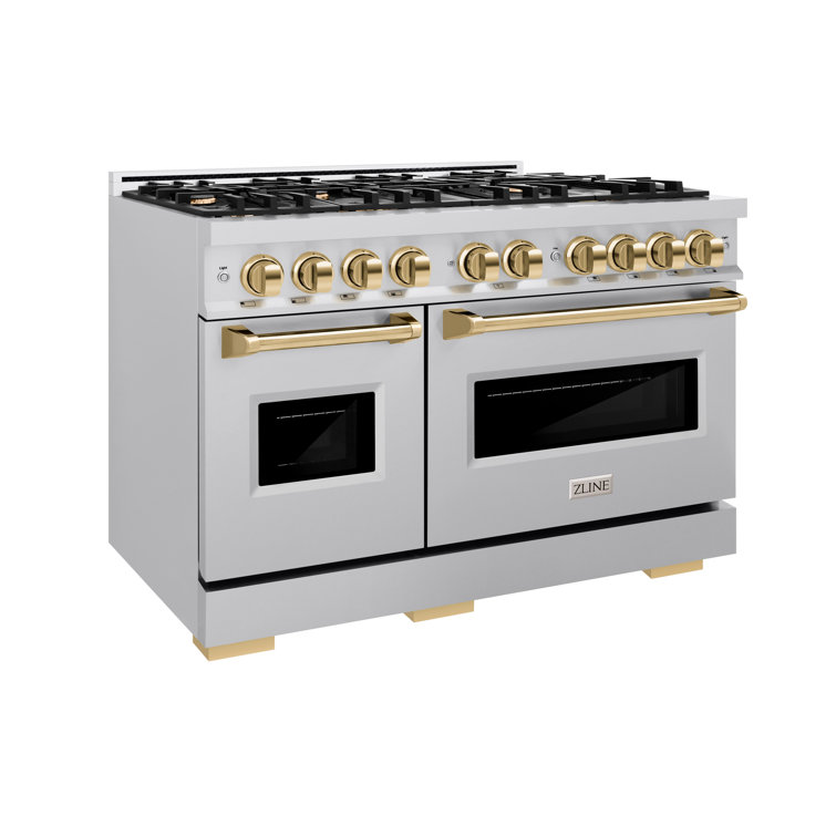 48" Stainless Steel and Gold Double Oven Gas Range with 8 Burners