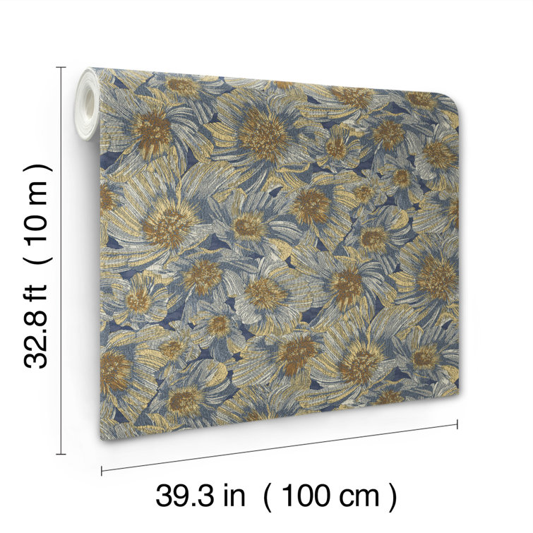 Blue and Gold Floral Removable Washable Wallpaper