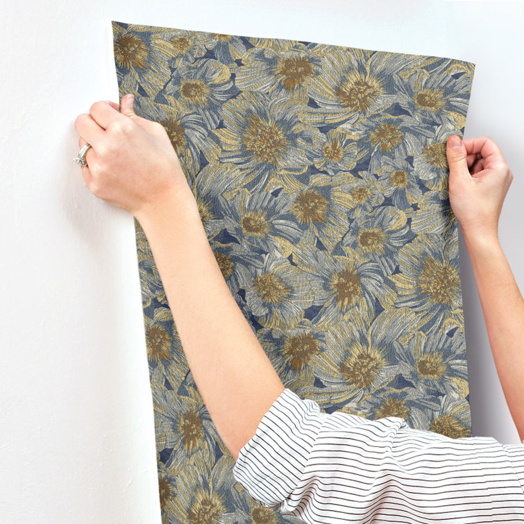 Blue and Gold Floral Removable Washable Wallpaper
