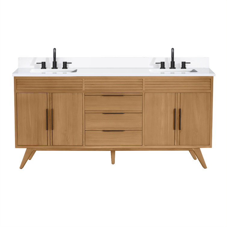 Taylor 73" Natural Teak Double Sink Vanity with White Quartz Top