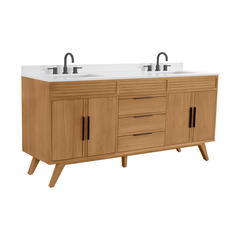 Taylor 73" Natural Teak Double Sink Vanity with White Quartz Top