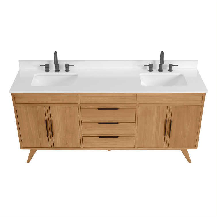 Taylor 73" Natural Teak Double Sink Vanity with White Quartz Top