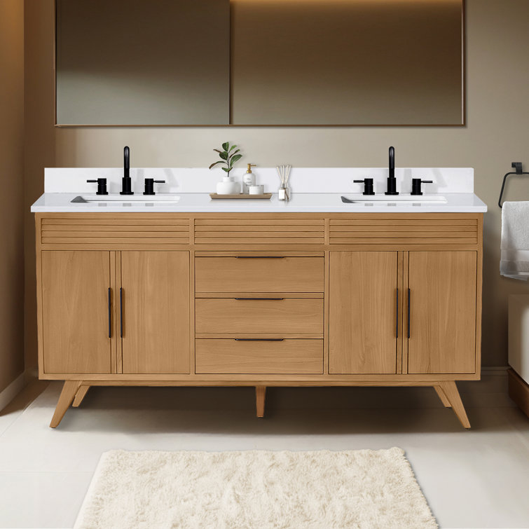 Taylor 73" Natural Teak Double Sink Vanity with White Quartz Top