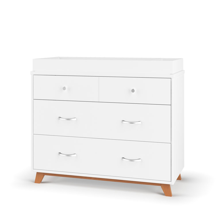 White and Natural Mid-Century Modern 3-Drawer Dresser