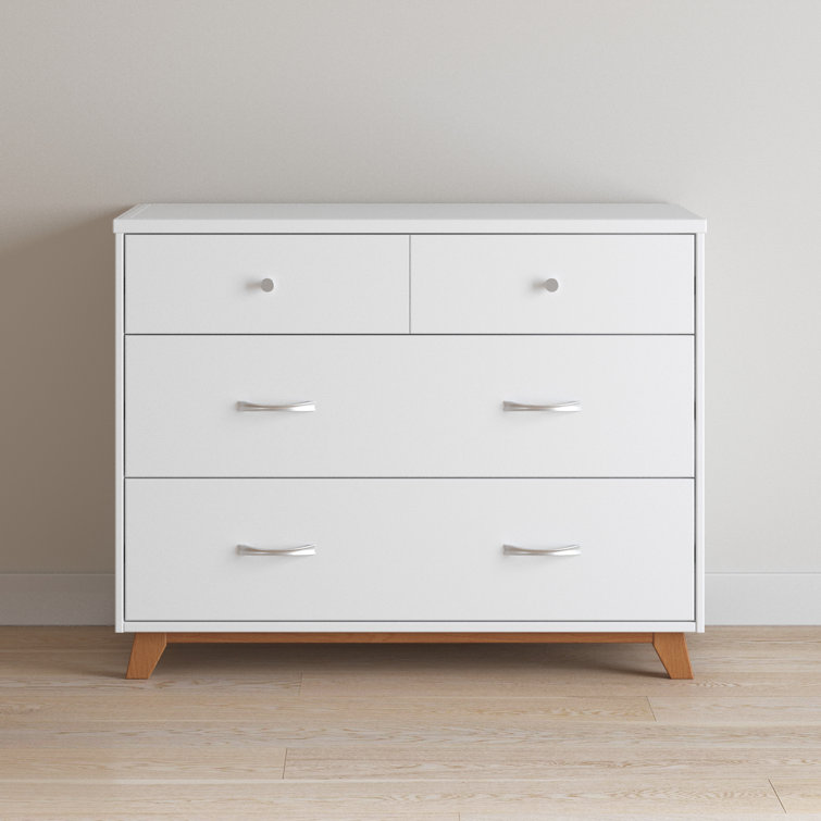 White and Natural Mid-Century Modern 3-Drawer Dresser