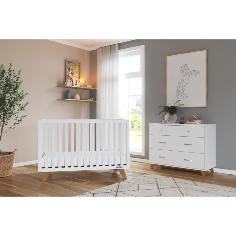 White and Natural Mid-Century Modern 3-Drawer Dresser