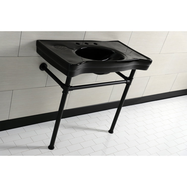 Matte Black Ceramic Wall-Mount Console Sink with Stainless Steel Legs
