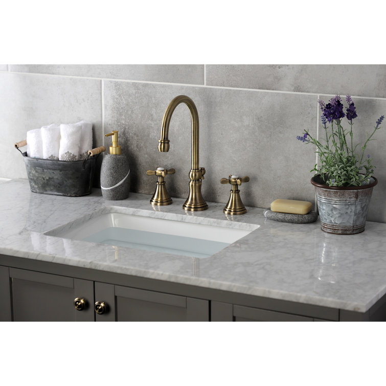 Antique Brass Victorian Widespread Bathroom Faucet with Drain Assembly