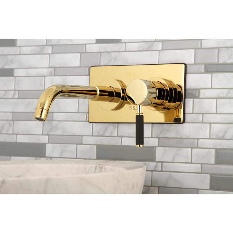 Polished Brass Wall Mount Bathroom Faucet with Black Handle