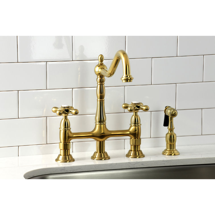 Heritage Brushed Brass Bridge Kitchen Faucet with Side Sprayer