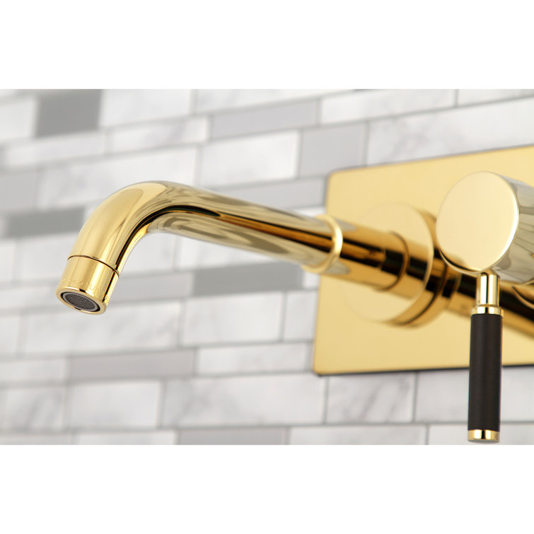 Polished Brass Wall Mount Bathroom Faucet with Black Handle
