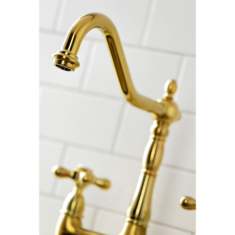 Heritage Brushed Brass Bridge Kitchen Faucet with Side Sprayer