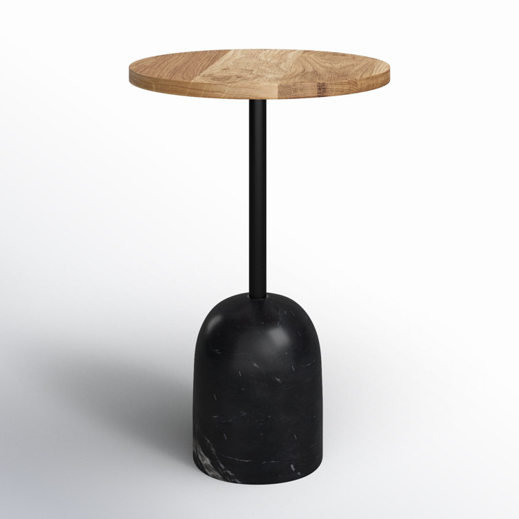 Sleek Black Marble and Oak Round Pedestal Accent Table
