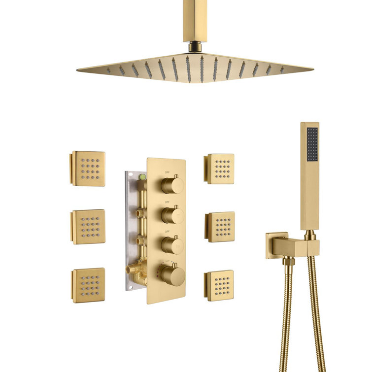 Brushed Gold 12" Stainless Steel Ceiling Mounted Shower System with 6 Body Jets