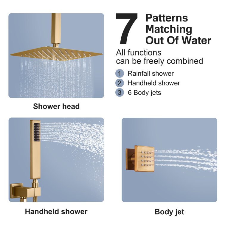 Brushed Gold 12" Stainless Steel Ceiling Mounted Shower System with 6 Body Jets