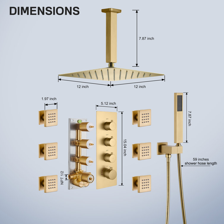 Brushed Gold 12" Stainless Steel Ceiling Mounted Shower System with 6 Body Jets