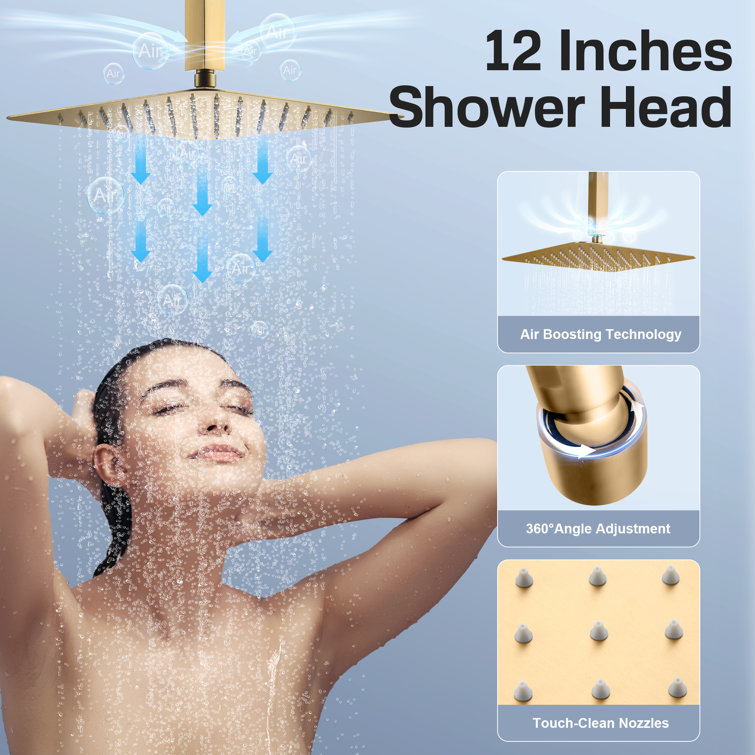 Brushed Gold 12" Stainless Steel Ceiling Mounted Shower System with 6 Body Jets
